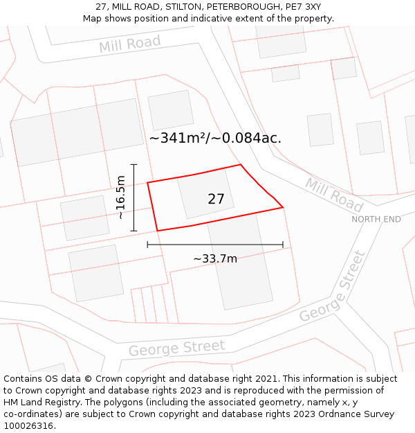 27, MILL ROAD, STILTON, PETERBOROUGH, PE7 3XY: Plot and title map