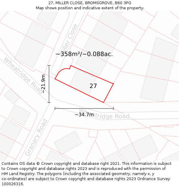 27, MILLER CLOSE, BROMSGROVE, B60 3PG: Plot and title map