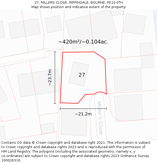 27, MILLERS CLOSE, RIPPINGALE, BOURNE, PE10 0TH: Plot and title map