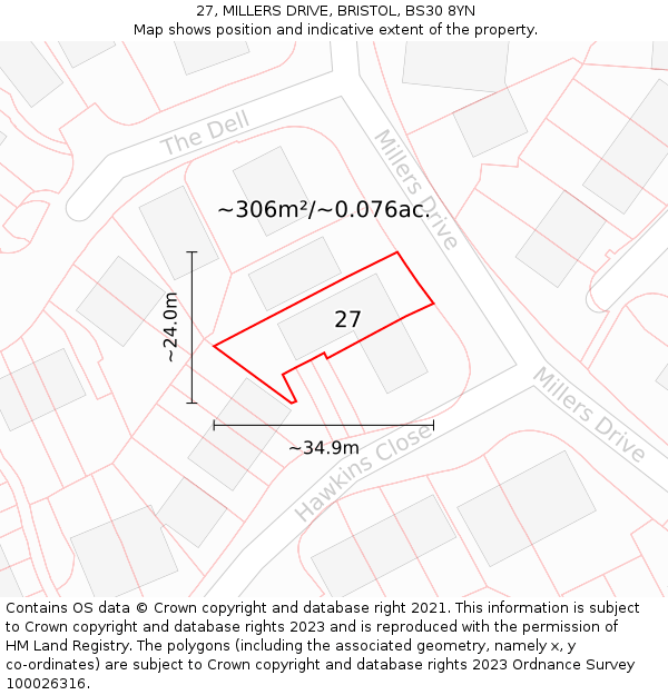 27, MILLERS DRIVE, BRISTOL, BS30 8YN: Plot and title map