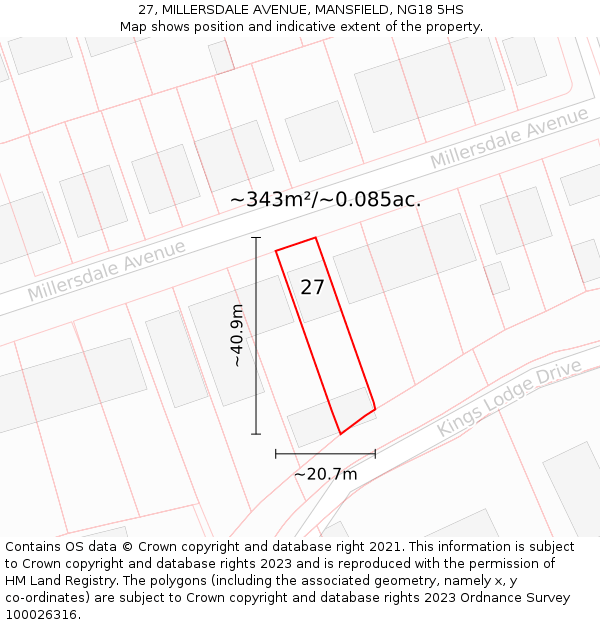 27, MILLERSDALE AVENUE, MANSFIELD, NG18 5HS: Plot and title map