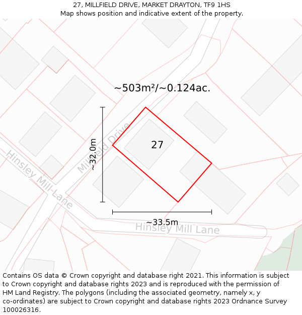 27, MILLFIELD DRIVE, MARKET DRAYTON, TF9 1HS: Plot and title map