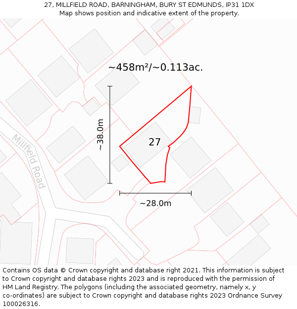 27, MILLFIELD ROAD, BARNINGHAM, BURY ST EDMUNDS, IP31 1DX: Plot and title map