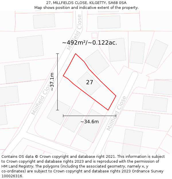 27, MILLFIELDS CLOSE, KILGETTY, SA68 0SA: Plot and title map