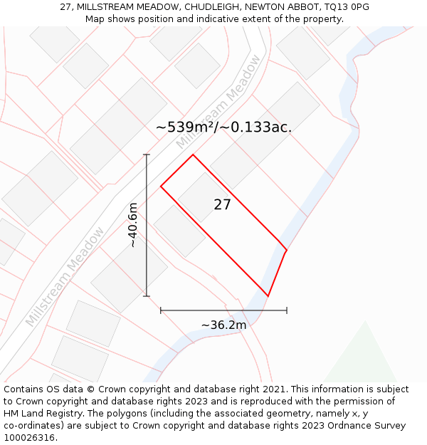 27, MILLSTREAM MEADOW, CHUDLEIGH, NEWTON ABBOT, TQ13 0PG: Plot and title map