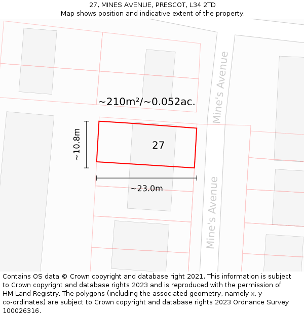 27, MINES AVENUE, PRESCOT, L34 2TD: Plot and title map