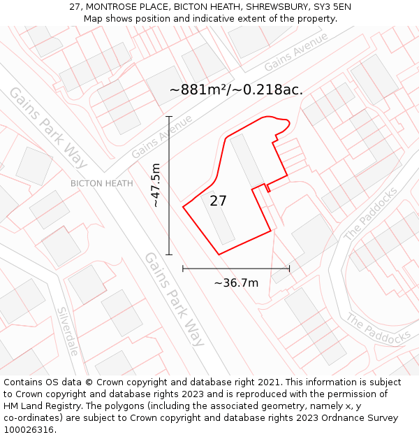 27, MONTROSE PLACE, BICTON HEATH, SHREWSBURY, SY3 5EN: Plot and title map