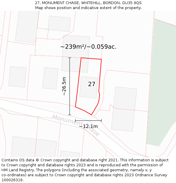 27, MONUMENT CHASE, WHITEHILL, BORDON, GU35 9QS: Plot and title map