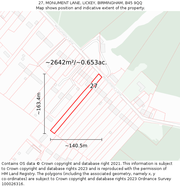 27, MONUMENT LANE, LICKEY, BIRMINGHAM, B45 9QQ: Plot and title map