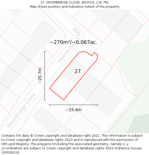27, MOORBRIDGE CLOSE, BOOTLE, L30 7RL: Plot and title map