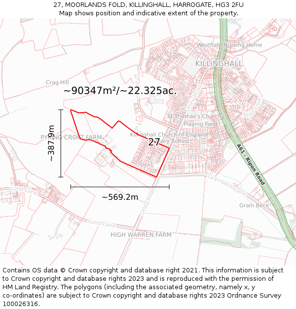 27, MOORLANDS FOLD, KILLINGHALL, HARROGATE, HG3 2FU: Plot and title map