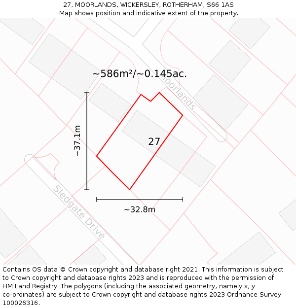 27, MOORLANDS, WICKERSLEY, ROTHERHAM, S66 1AS: Plot and title map