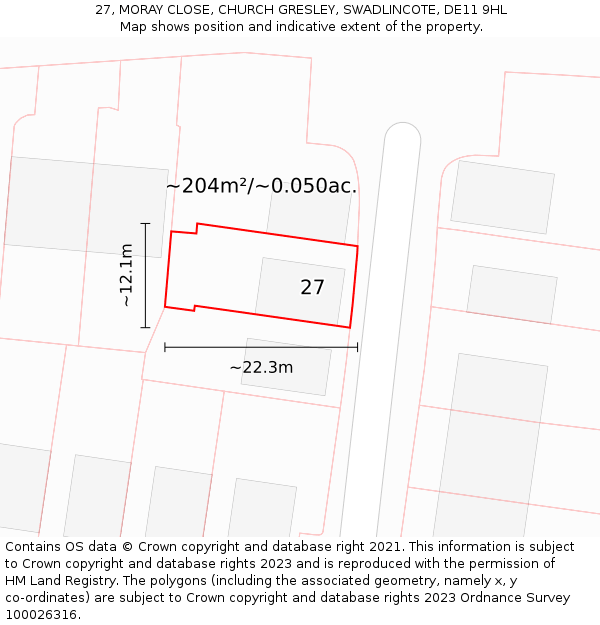 27, MORAY CLOSE, CHURCH GRESLEY, SWADLINCOTE, DE11 9HL: Plot and title map