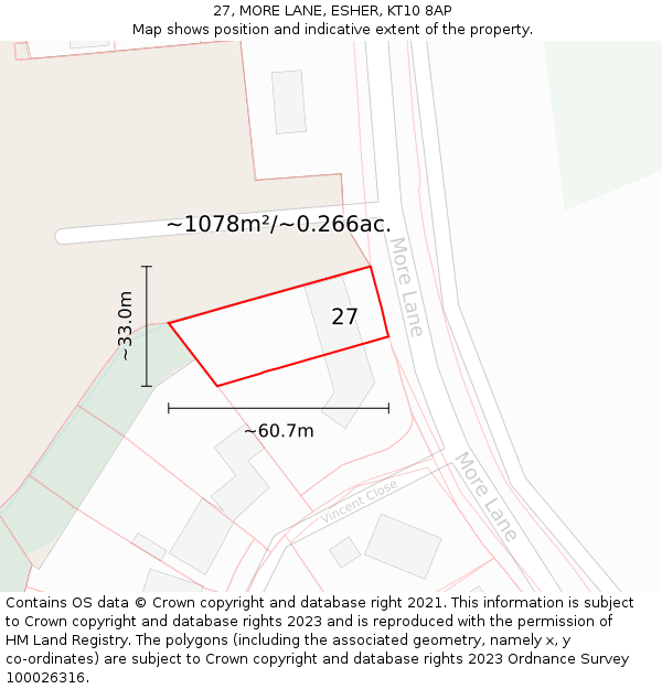 27, MORE LANE, ESHER, KT10 8AP: Plot and title map