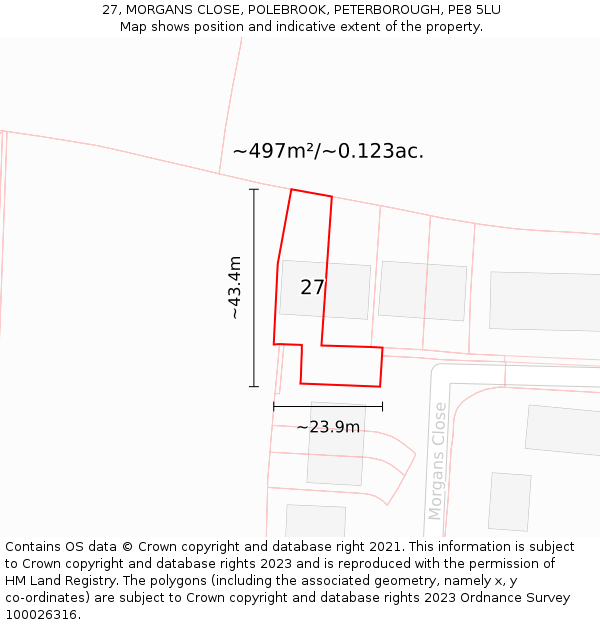 27, MORGANS CLOSE, POLEBROOK, PETERBOROUGH, PE8 5LU: Plot and title map