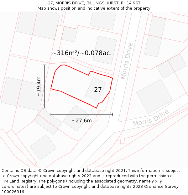 27, MORRIS DRIVE, BILLINGSHURST, RH14 9ST: Plot and title map