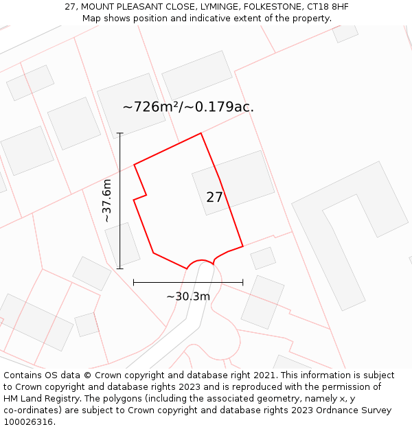 27, MOUNT PLEASANT CLOSE, LYMINGE, FOLKESTONE, CT18 8HF: Plot and title map