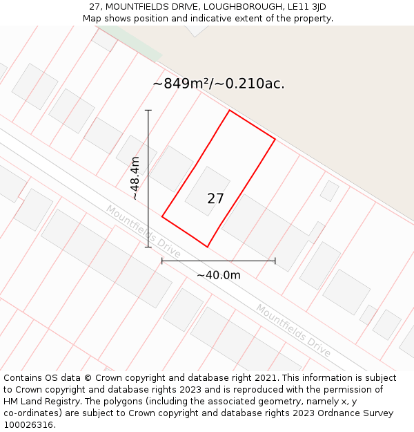 27, MOUNTFIELDS DRIVE, LOUGHBOROUGH, LE11 3JD: Plot and title map