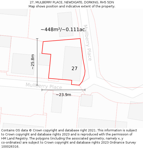 27, MULBERRY PLACE, NEWDIGATE, DORKING, RH5 5DN: Plot and title map