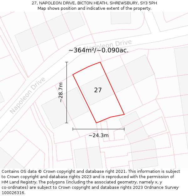 27, NAPOLEON DRIVE, BICTON HEATH, SHREWSBURY, SY3 5PH: Plot and title map