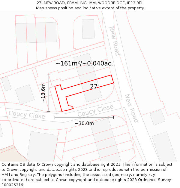 27, NEW ROAD, FRAMLINGHAM, WOODBRIDGE, IP13 9EH: Plot and title map