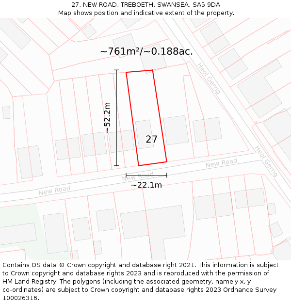 27, NEW ROAD, TREBOETH, SWANSEA, SA5 9DA: Plot and title map