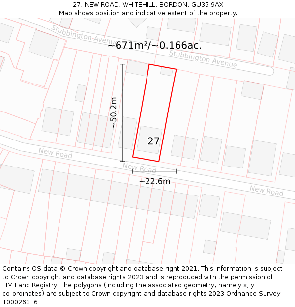 27, NEW ROAD, WHITEHILL, BORDON, GU35 9AX: Plot and title map