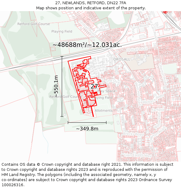 27, NEWLANDS, RETFORD, DN22 7FA: Plot and title map