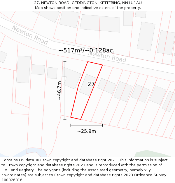 27, NEWTON ROAD, GEDDINGTON, KETTERING, NN14 1AU: Plot and title map
