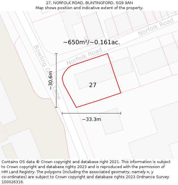 27, NORFOLK ROAD, BUNTINGFORD, SG9 9AN: Plot and title map
