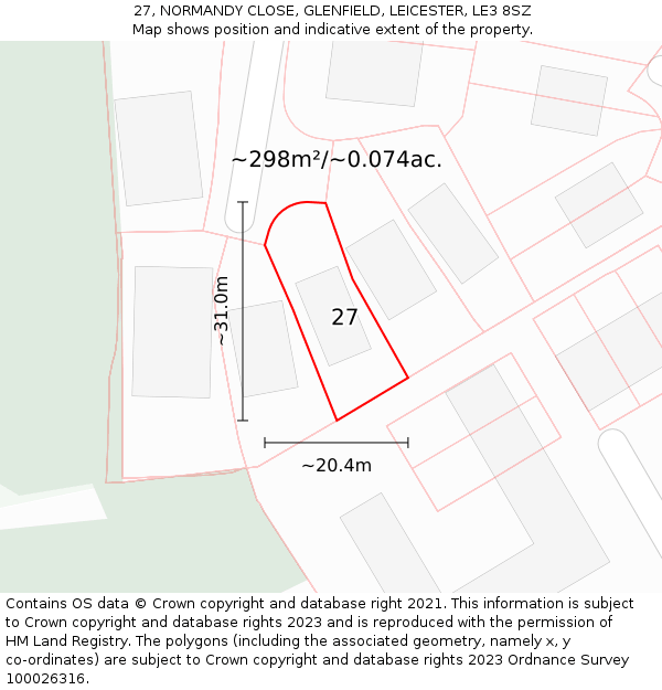 27, NORMANDY CLOSE, GLENFIELD, LEICESTER, LE3 8SZ: Plot and title map
