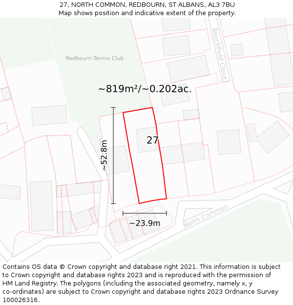 27, NORTH COMMON, REDBOURN, ST ALBANS, AL3 7BU: Plot and title map