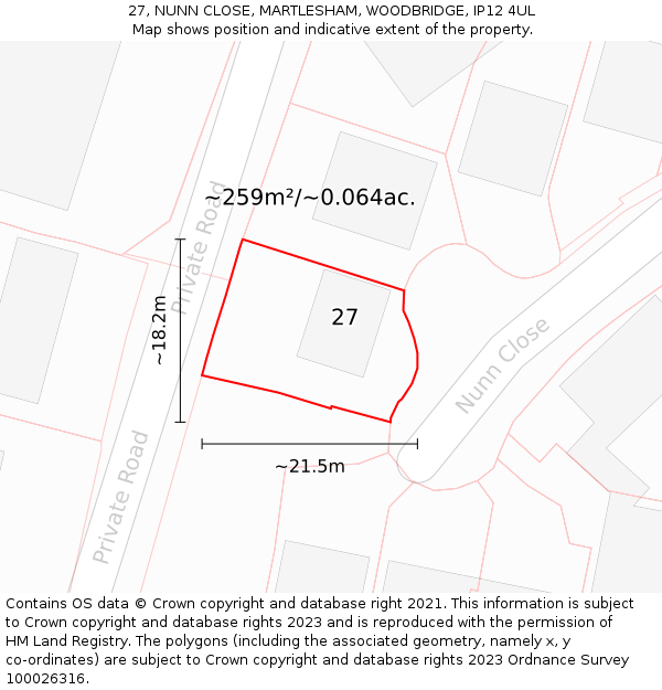 27, NUNN CLOSE, MARTLESHAM, WOODBRIDGE, IP12 4UL: Plot and title map