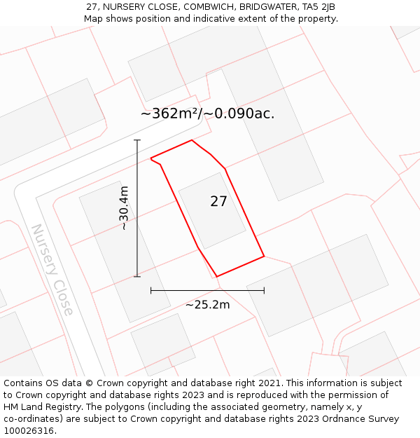 27, NURSERY CLOSE, COMBWICH, BRIDGWATER, TA5 2JB: Plot and title map