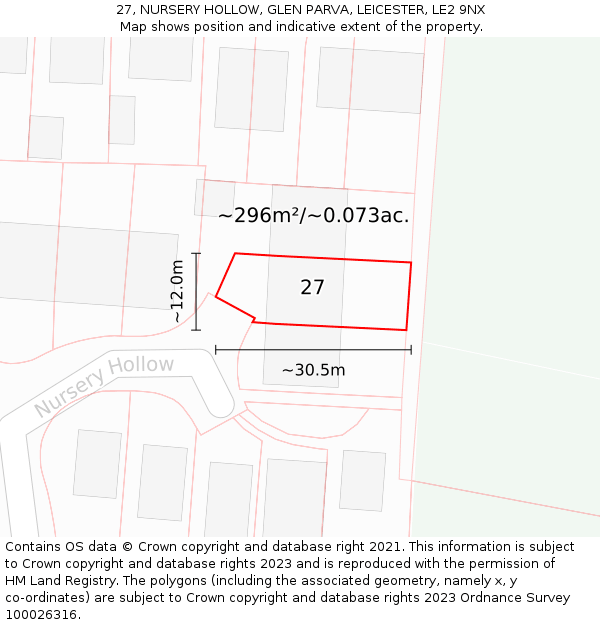 27, NURSERY HOLLOW, GLEN PARVA, LEICESTER, LE2 9NX: Plot and title map