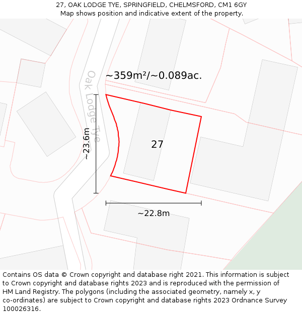 27, OAK LODGE TYE, SPRINGFIELD, CHELMSFORD, CM1 6GY: Plot and title map
