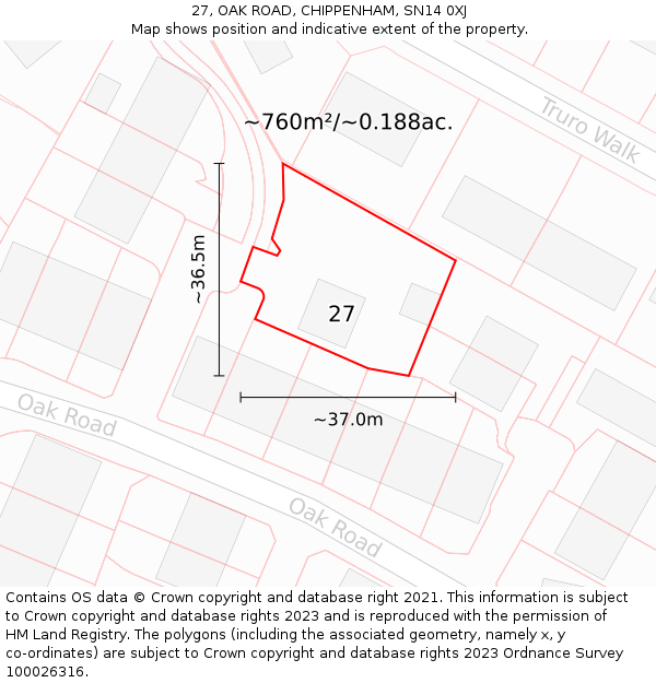 27, OAK ROAD, CHIPPENHAM, SN14 0XJ: Plot and title map