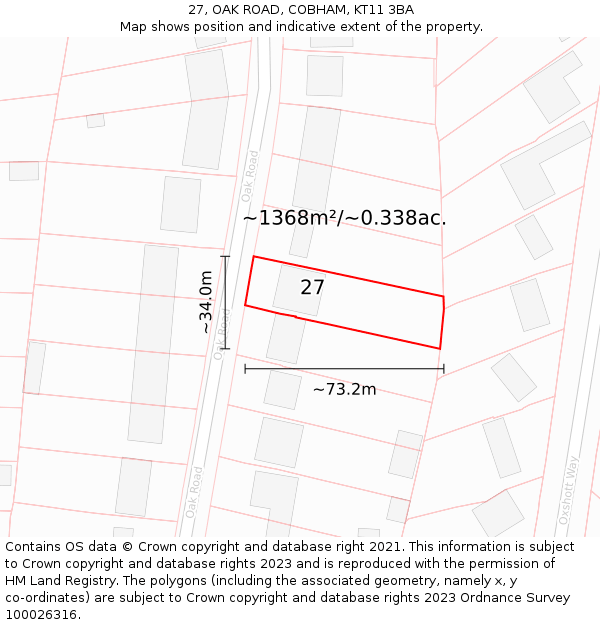 27, OAK ROAD, COBHAM, KT11 3BA: Plot and title map