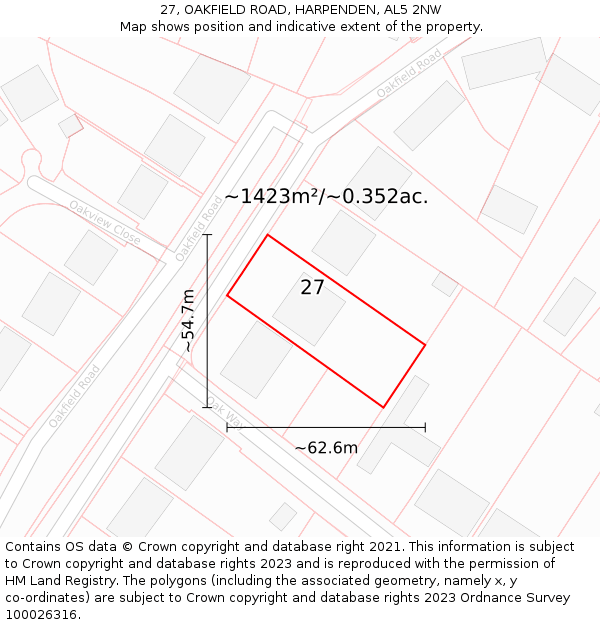 27, OAKFIELD ROAD, HARPENDEN, AL5 2NW: Plot and title map
