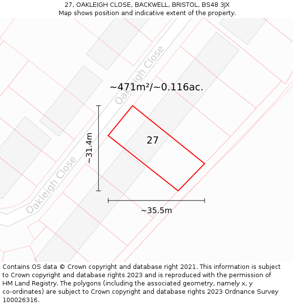 27, OAKLEIGH CLOSE, BACKWELL, BRISTOL, BS48 3JX: Plot and title map