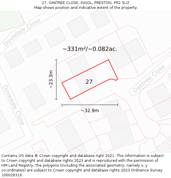 27, OAKTREE CLOSE, INGOL, PRESTON, PR2 3UZ: Plot and title map