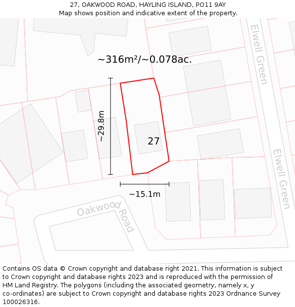 27, OAKWOOD ROAD, HAYLING ISLAND, PO11 9AY: Plot and title map