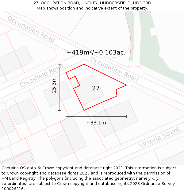 27, OCCUPATION ROAD, LINDLEY, HUDDERSFIELD, HD3 3BD: Plot and title map