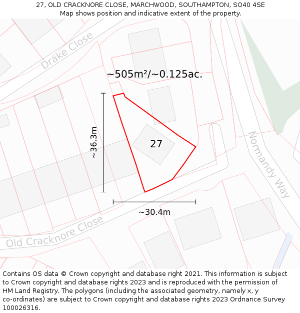 27, OLD CRACKNORE CLOSE, MARCHWOOD, SOUTHAMPTON, SO40 4SE: Plot and title map