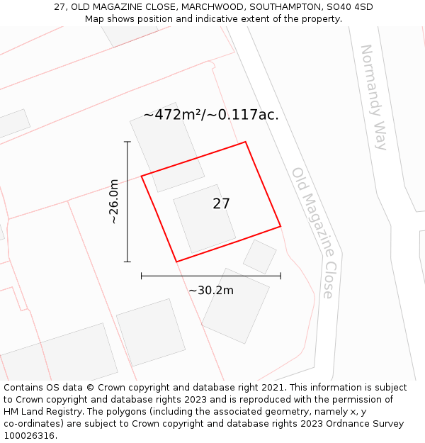 27, OLD MAGAZINE CLOSE, MARCHWOOD, SOUTHAMPTON, SO40 4SD: Plot and title map