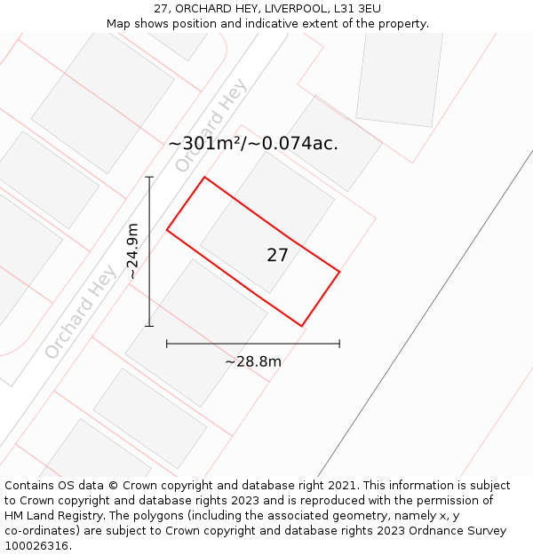 27, ORCHARD HEY, LIVERPOOL, L31 3EU: Plot and title map