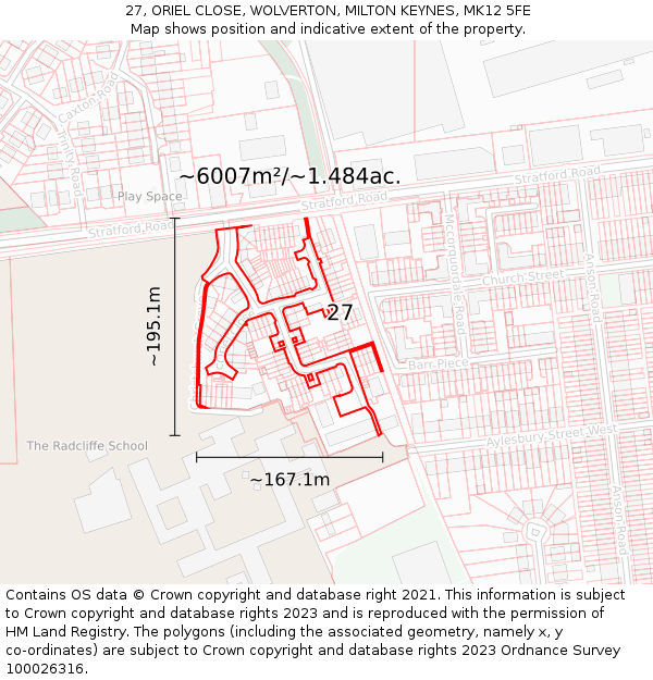 27, ORIEL CLOSE, WOLVERTON, MILTON KEYNES, MK12 5FE: Plot and title map