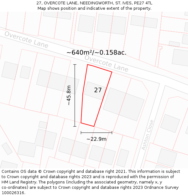 27, OVERCOTE LANE, NEEDINGWORTH, ST. IVES, PE27 4TL: Plot and title map