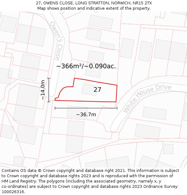 27, OWENS CLOSE, LONG STRATTON, NORWICH, NR15 2TX: Plot and title map