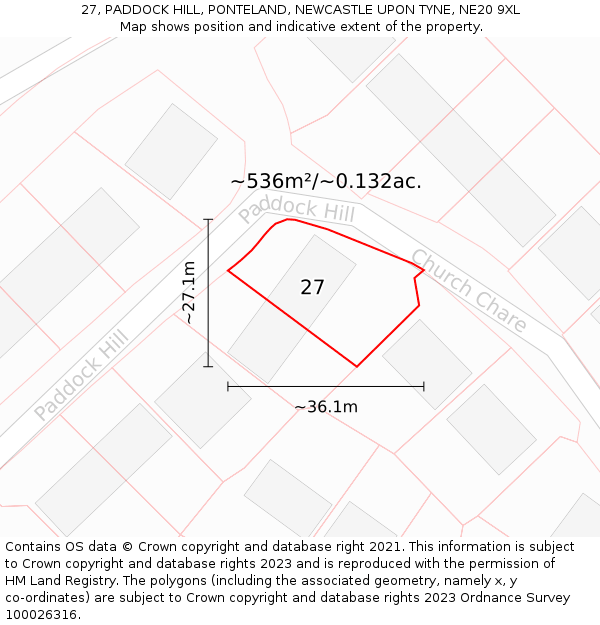 27, PADDOCK HILL, PONTELAND, NEWCASTLE UPON TYNE, NE20 9XL: Plot and title map